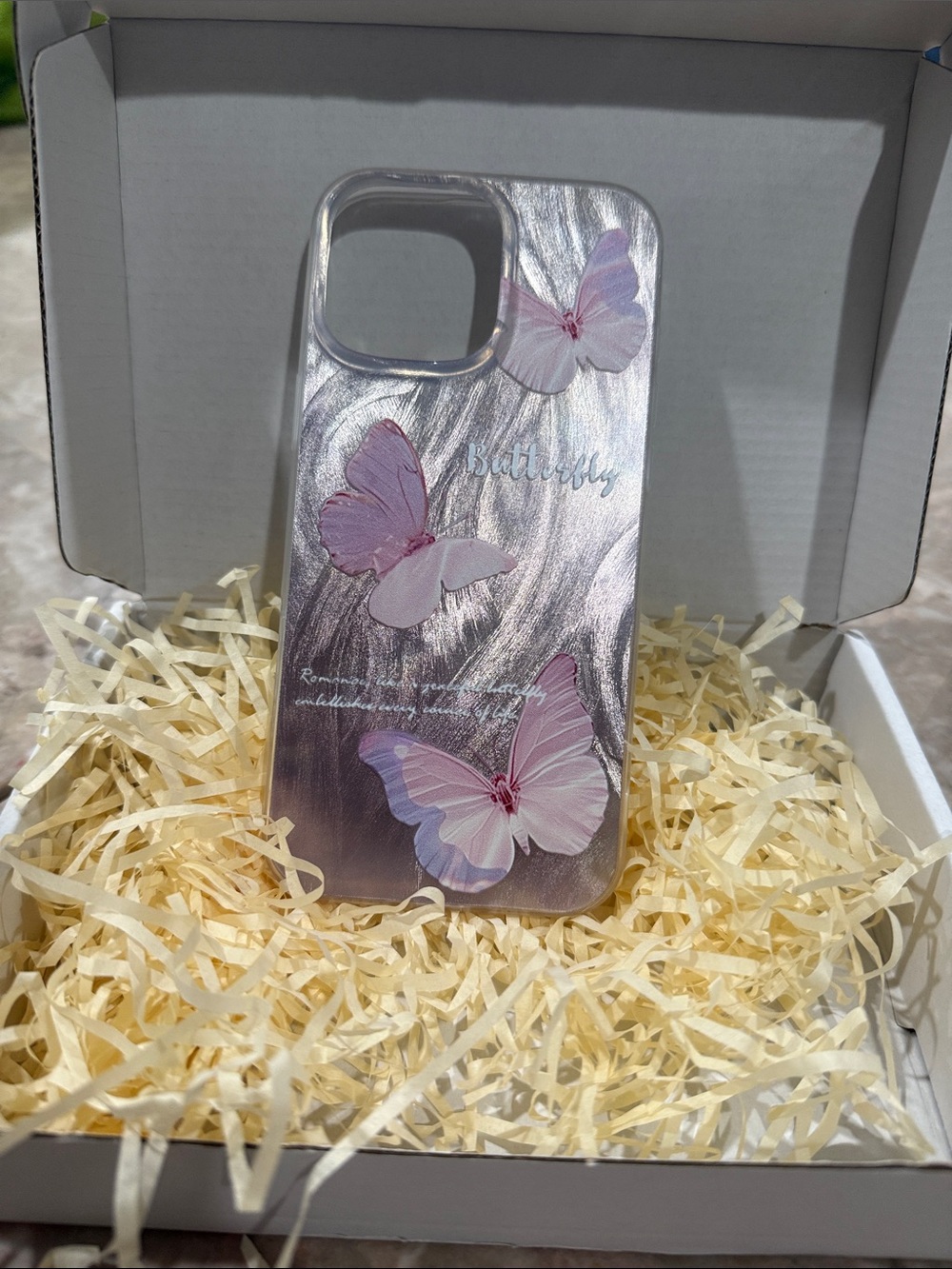 Phone Case with Pink Butterfly Design - Iridescent Silver iPhone 16 Pro Max case